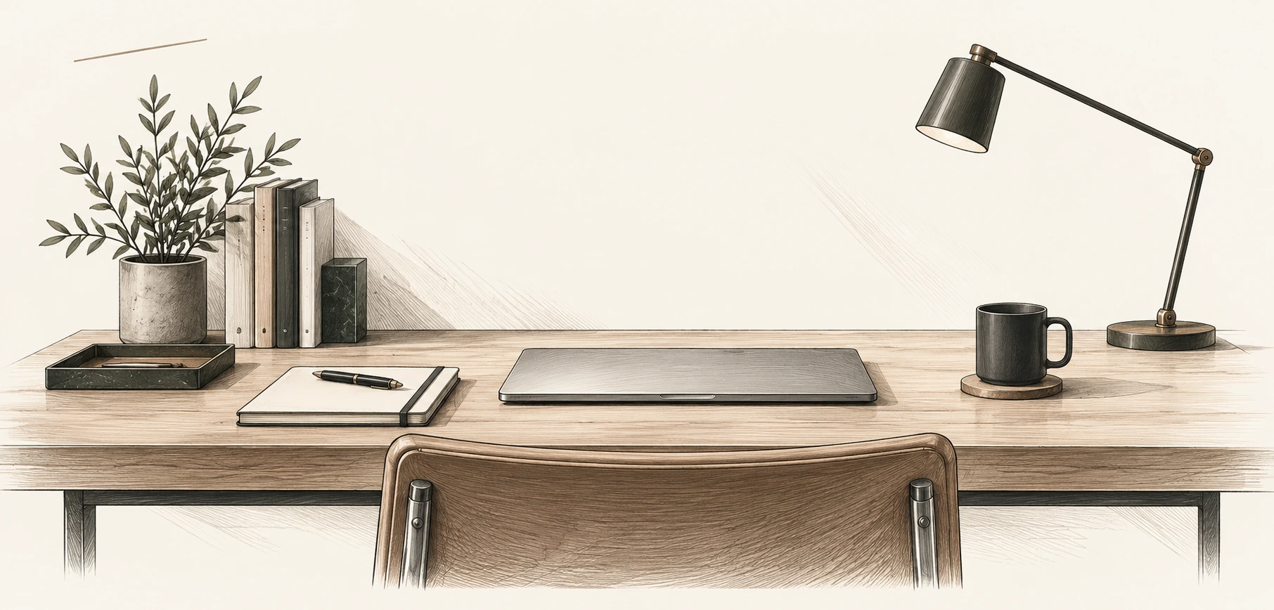 An illustrated desk with books, a plant, notebook, laptop, mug and reading lamp